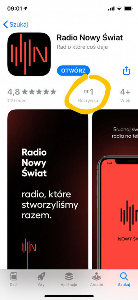 Wynik aplikacji radia Nowy Świat w AppStore